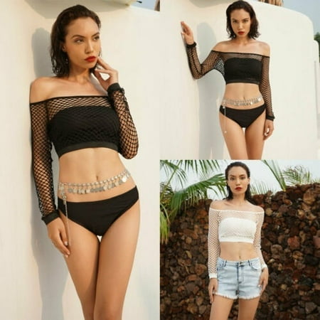Women Ladies Hollow Sexy Vest Long Sleeve Tops See Through Mesh Fishnet Crop Top T-Shirt