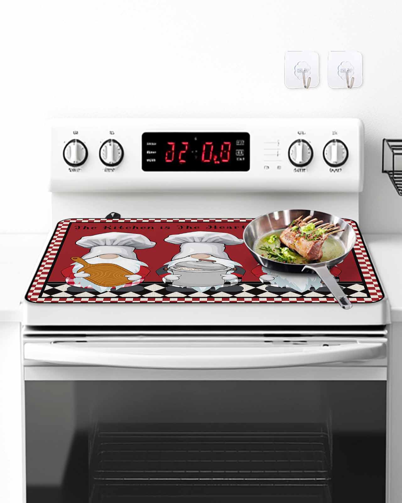 The Chef Stove Top Covers for Electric Stove, 28'x20'' Gnome Kitchen Black Buffalo Plaid Red Glass Ceramic Stove Cover Foldable Rubber Mat Heat Resistant Cooktop Protector for Kitchen