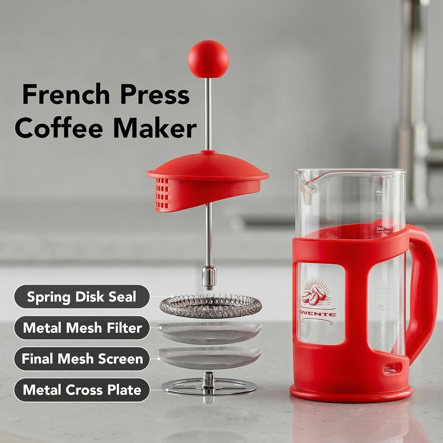 OVENTE French Press Coffee Maker 34 Ounce with Heat Resistant Borosilicate Glass & Stainless Steel 4-Level Filtration System, Portable Cold Brew Coffee Maker for Travel, Camping or Gift, Red FPT34R