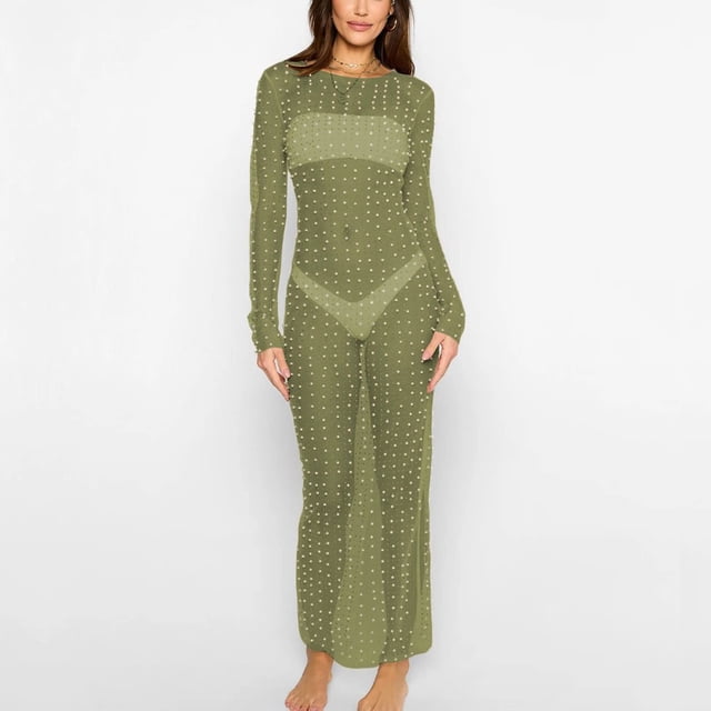 LOVZFMLL Robes Femmes Robe Perles Robes d'Été pour Femmes Robe Longue Maxi pour Femmes Robe de Plage Biker Robe de Couverture Robe Longue à Manches Longues en Maille Transparente