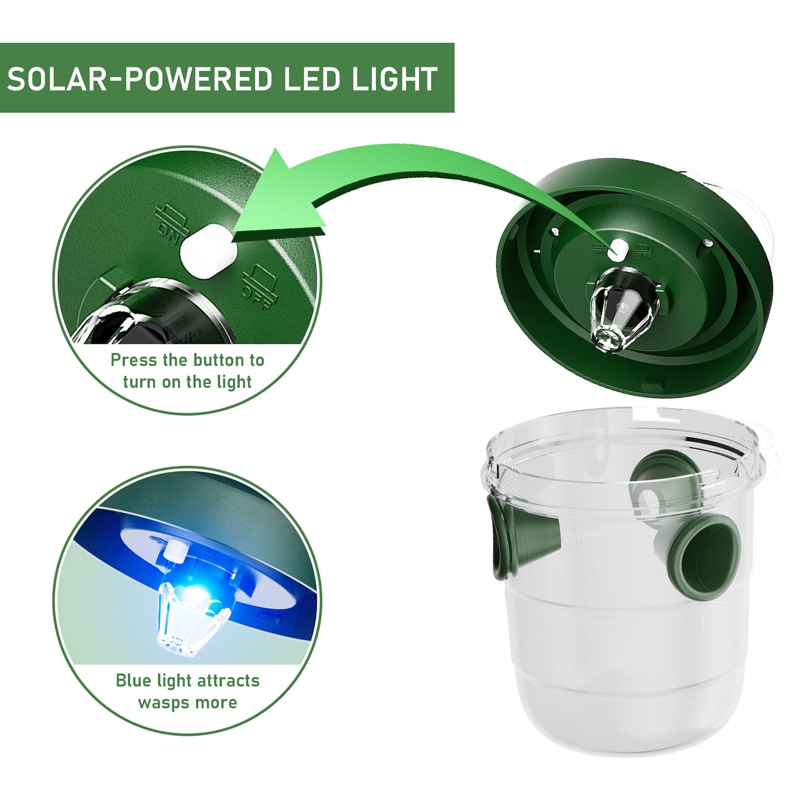 Meottam Solar Powered Wasp Traps Outdoor Hanging, New Upgrade Wasp Trap Bee Insect Killer with LED Light, Hornet Trap for Outside Garden, Patio, Backyard, Camping, 2 Packs