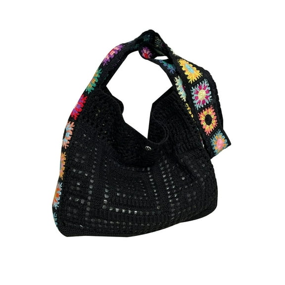 Women Knitted Shoulder Bag Beach Bag Handbag Purse Colorful Flowers Crossbody Bag Hollow Out Crochet Vacation Bag