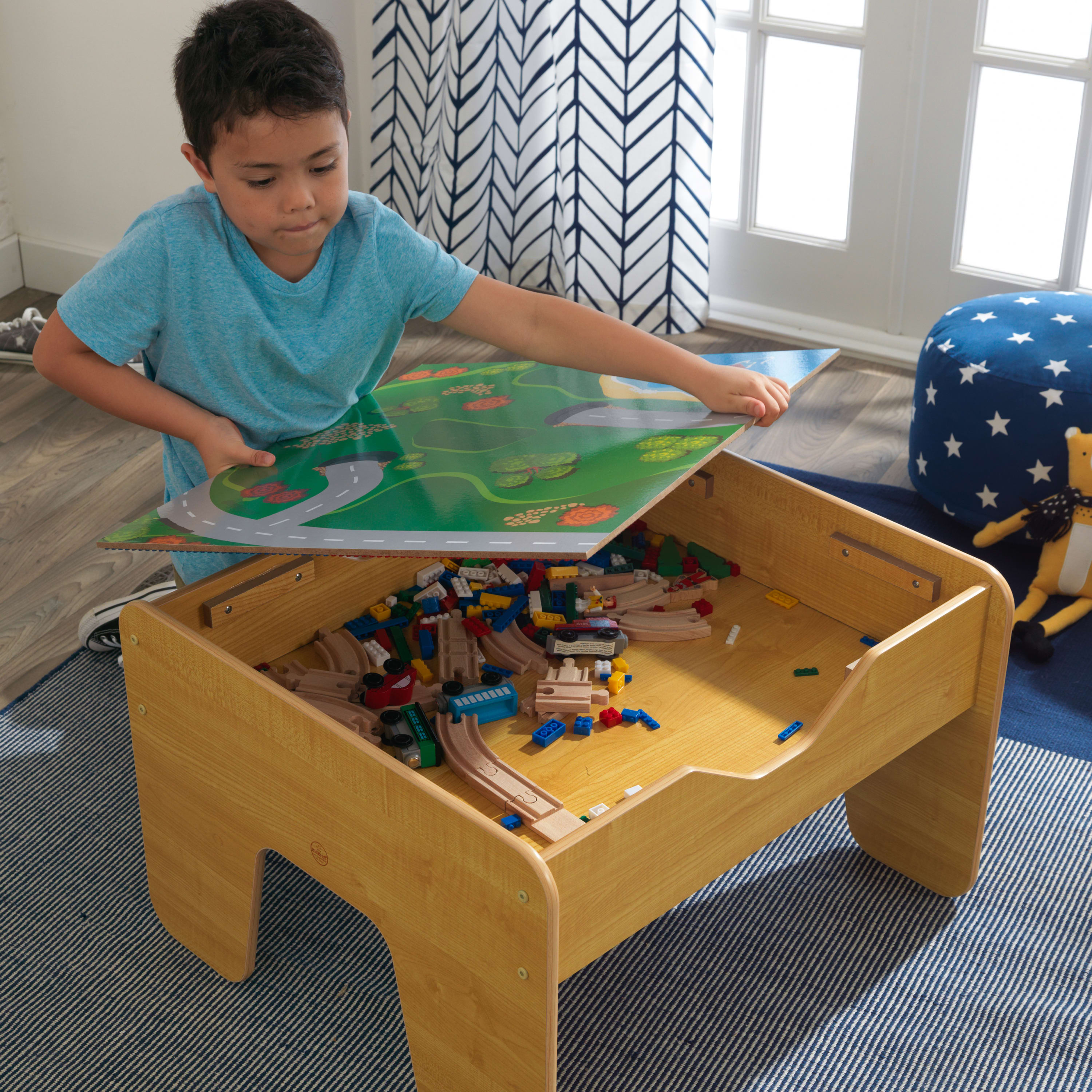 KidKraft Reversible Wooden Activity Table with Board and Train Set, Natural, for Ages 3+ Years - image 5 of 11