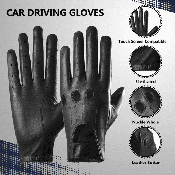 Genuine Leather Driving Gloves/ Motorbike/ Motorcycle Touchscreen Full Finger Unlined Gloves for men (Black, Large)