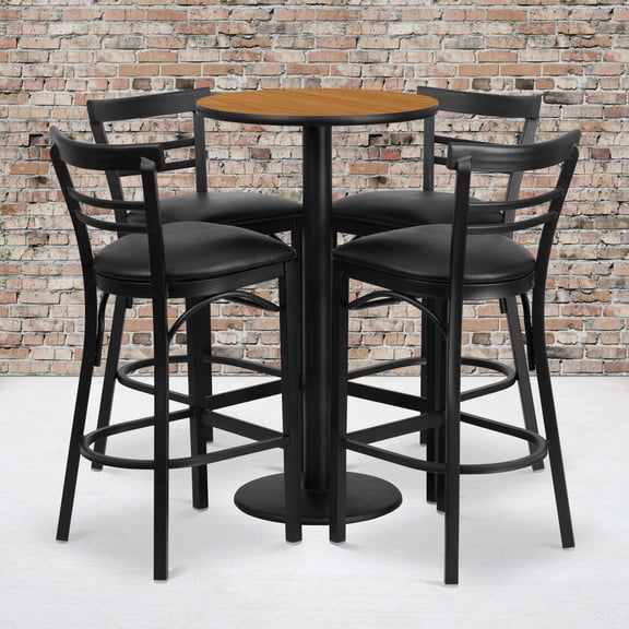Emma   Oliver 24RD Natural Table Set-RD Base-4 2Slat Back Stools,Black Seat