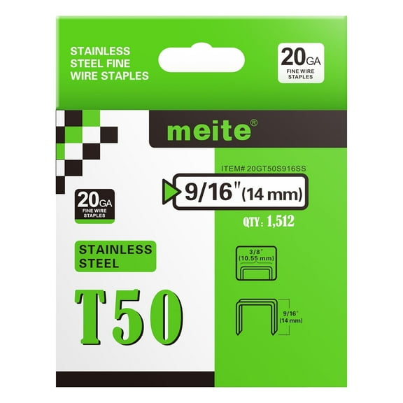 1,512 Pcs MEITE T50 Stainless Steel Staples Marine, 9/16 Inch Heavy Duty Staples for Staple Gun - 20 Gauge 3/8 Inch Crown T50 Upholstery Staple for Salt Water, Marine Applications