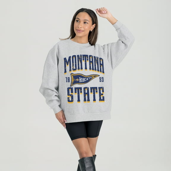 Women's Gameday Couture Ash Montana State Bobcats Oversized Pennant Pride Premium Fleece Sweatshirt