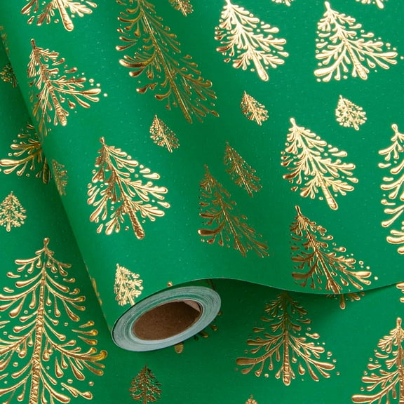 NeoMart Kraft Christmas Wrapping Paper, Green 3D Embossed Gold Foil Christmas Pine Tree with Woodlands Wrap Paper for Holiday, Party,Celebration, New Year (17 Inch X 32.8 Feet)