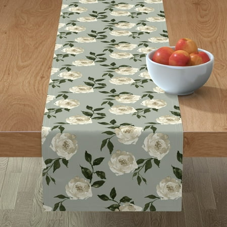 

Cotton Sateen Table Runner 108 - Heart Taupe Olive Green Nursery Roses Floral Flowers Boho White Chic Watercolor Spring Girl Print Custom Table Linens by Spoonflower