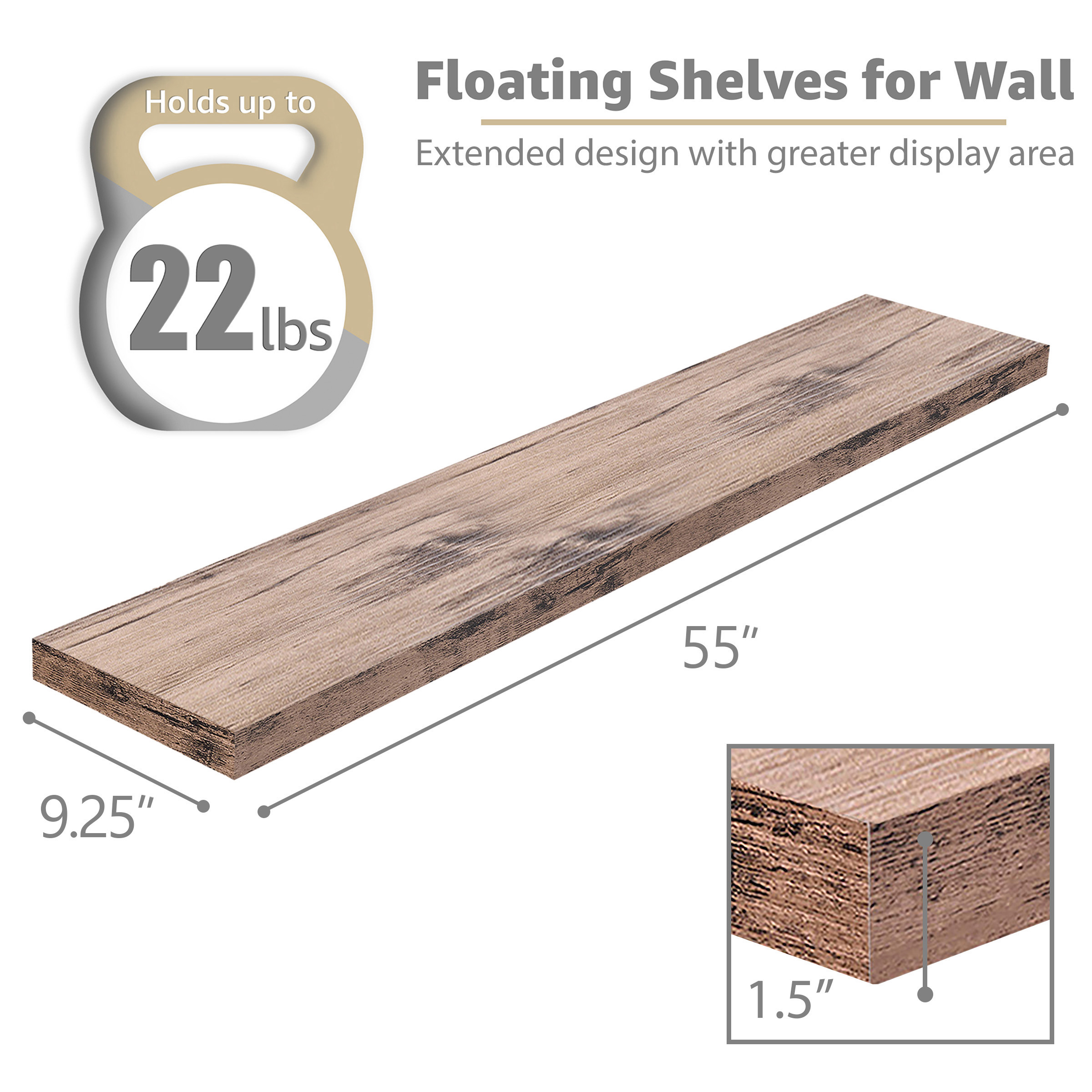 Sorbus 55in Extra-Long Floating Shelves, Wall-Mounted Storage with Hidden Brackets, Mahogany 2-Pack
