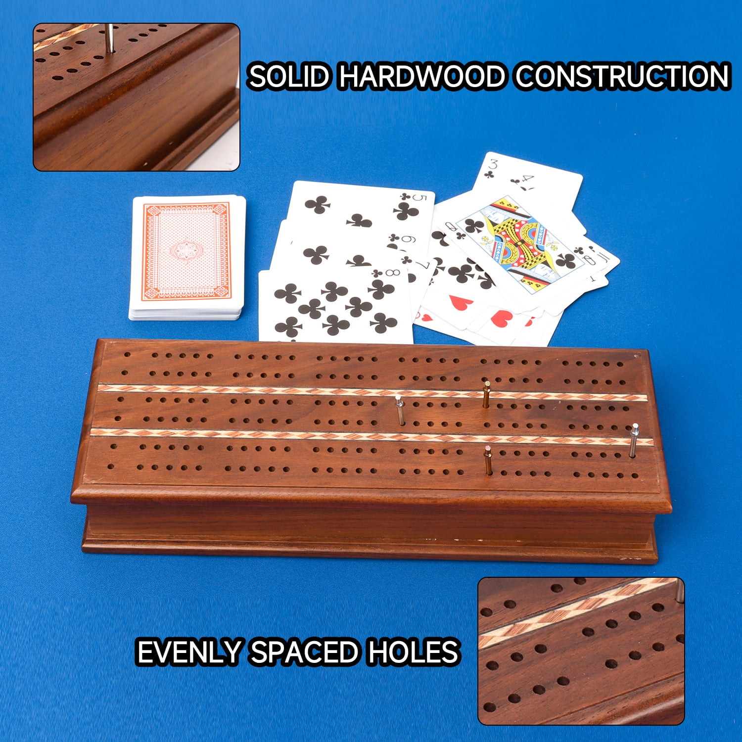  WE Games Wooden Cribbage Board Game Set with Storage, Solid  Wood Continuous 3 Track for 2-3 Players, Includes 9 Metal Pegs & Deck of  Cards, Great for Travel, for Adults and