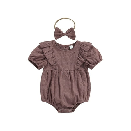 

Sunisery Infant Baby Girl Romper Suit Short Sleeve Solid Color Floral Ruffle Casual Summer Bodysuit + Bow Headband Light Purple Brown 12-18 Months