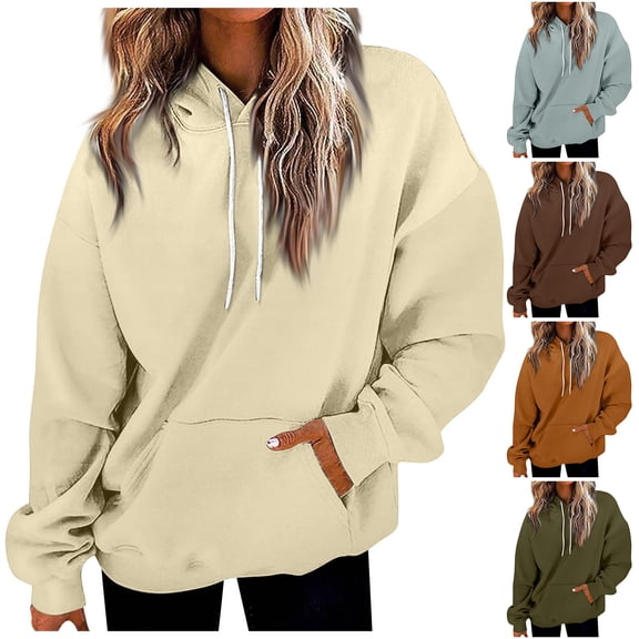 Idoravan Essentials Hoodie Woman Womens Hoodies Pullover Women Casual Long Sleeve Loose Fashion Pockets Printed Drawstring Hooded Sweatshirts Oversized Pullover Coffee