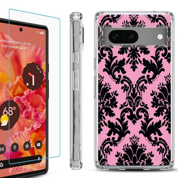 Shockproof Bumper Phone Case for Google Pixel 7, with Tempered Glass Screen Protector, by OneToughShield ® - Victorian Pink/Black