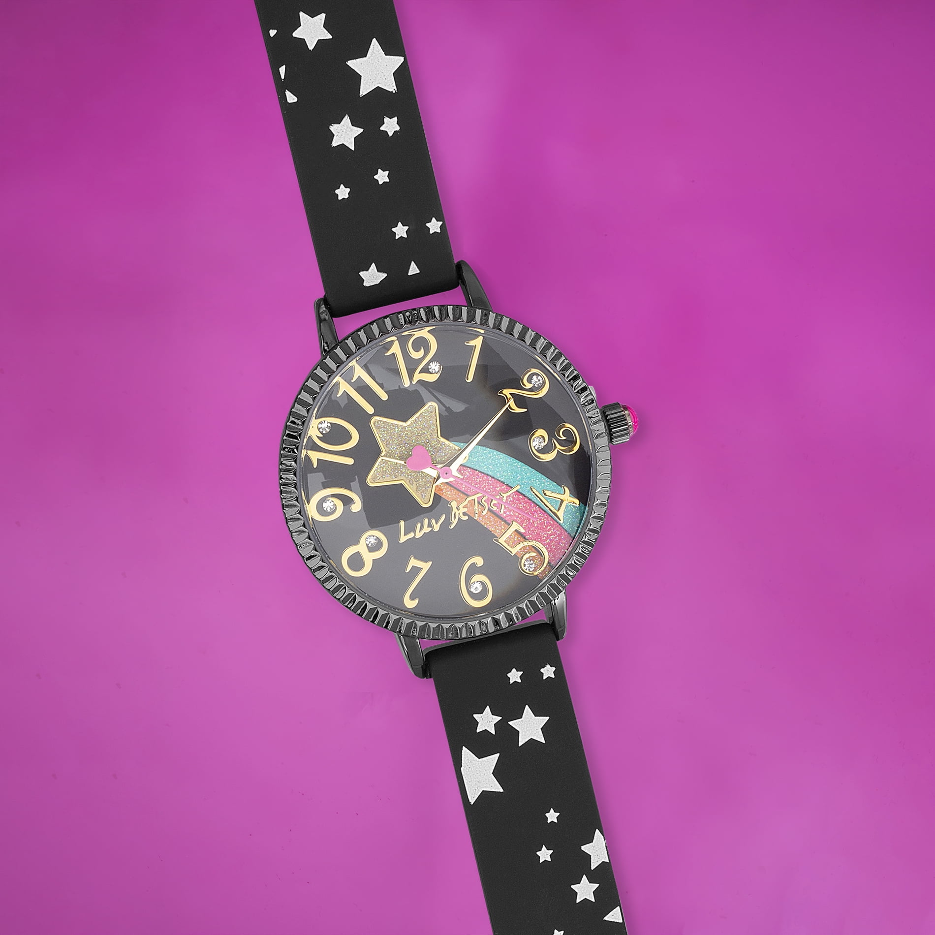 Luv Betsey Women's Black Dial with Multicolor Glitter on Black Case and Silicone Strap Watch
