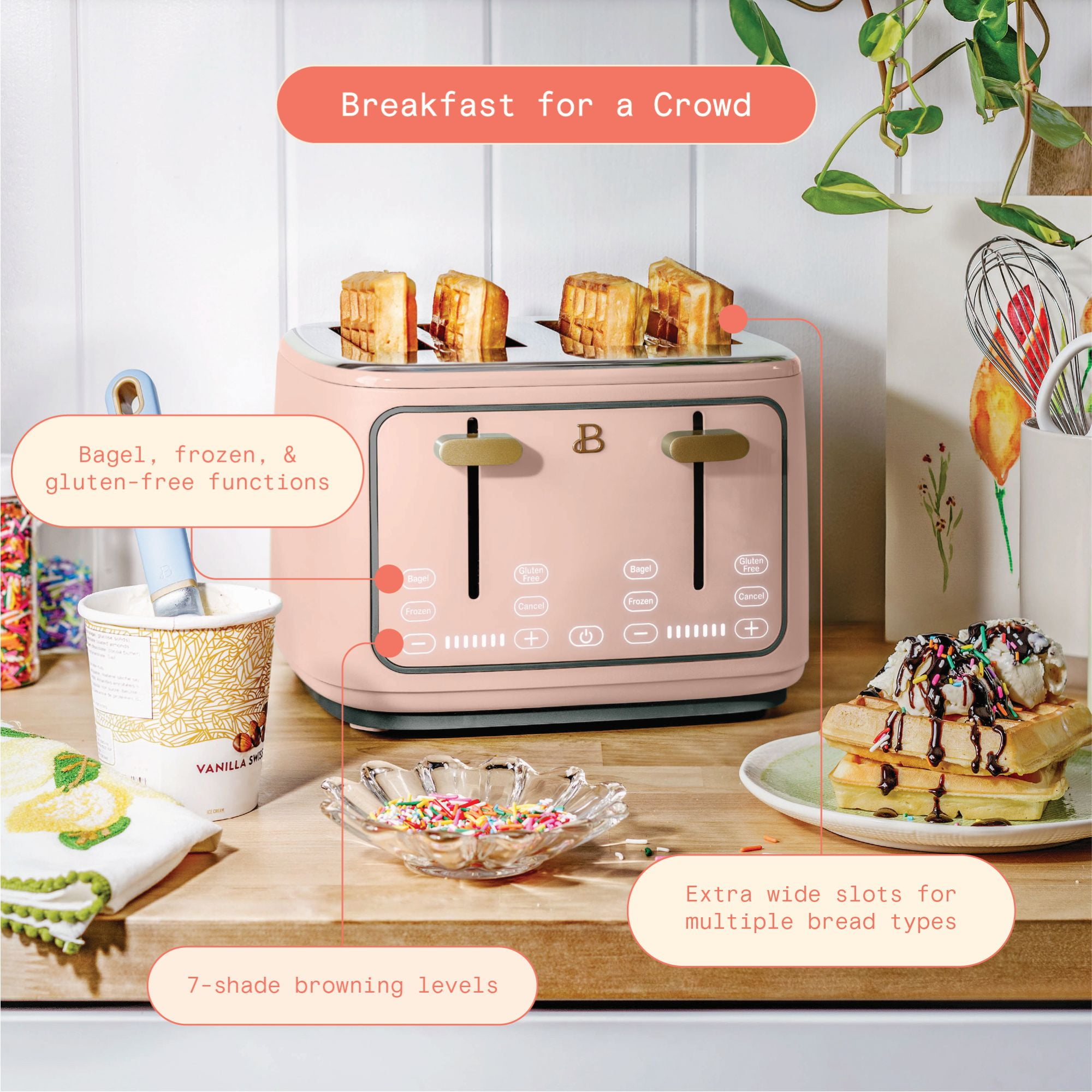 Beautiful 4-Slice Toaster with Touch-Activated Display, Rose by Drew Barrymore