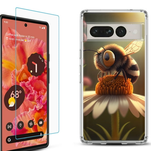 Shockproof Bumper Phone Case for Google Pixel 7, with Tempered Glass Screen Protector, by OneToughShield - Little Bee