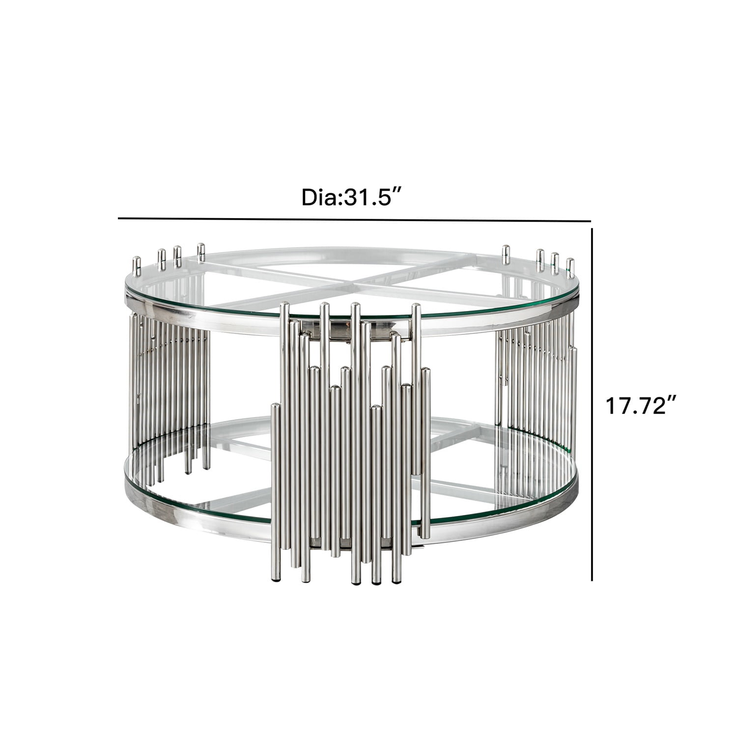 Hommoo Modern Round Coffee Table with Double-Tempered Glass & 201 Stainless Steel Frame, Living Room Table, Easy Assembly, Sliver