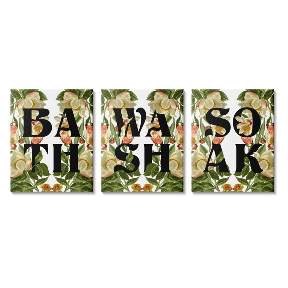 Bath Wash Soak Floral Bathroom Botanical & Floral Graphic Art Gallery Wrapped Canvas Print Wall Art, Set of 3