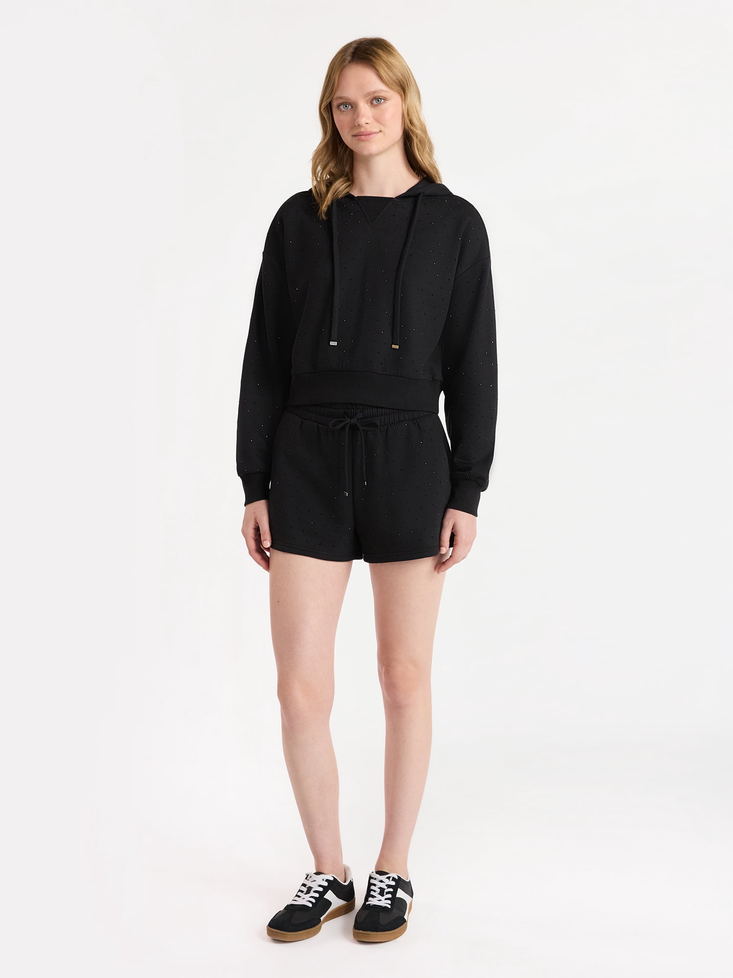 No Boundaries Faux Rhinestone Cropped Hoodie and Shorts Set, 2-Piece, Women’s