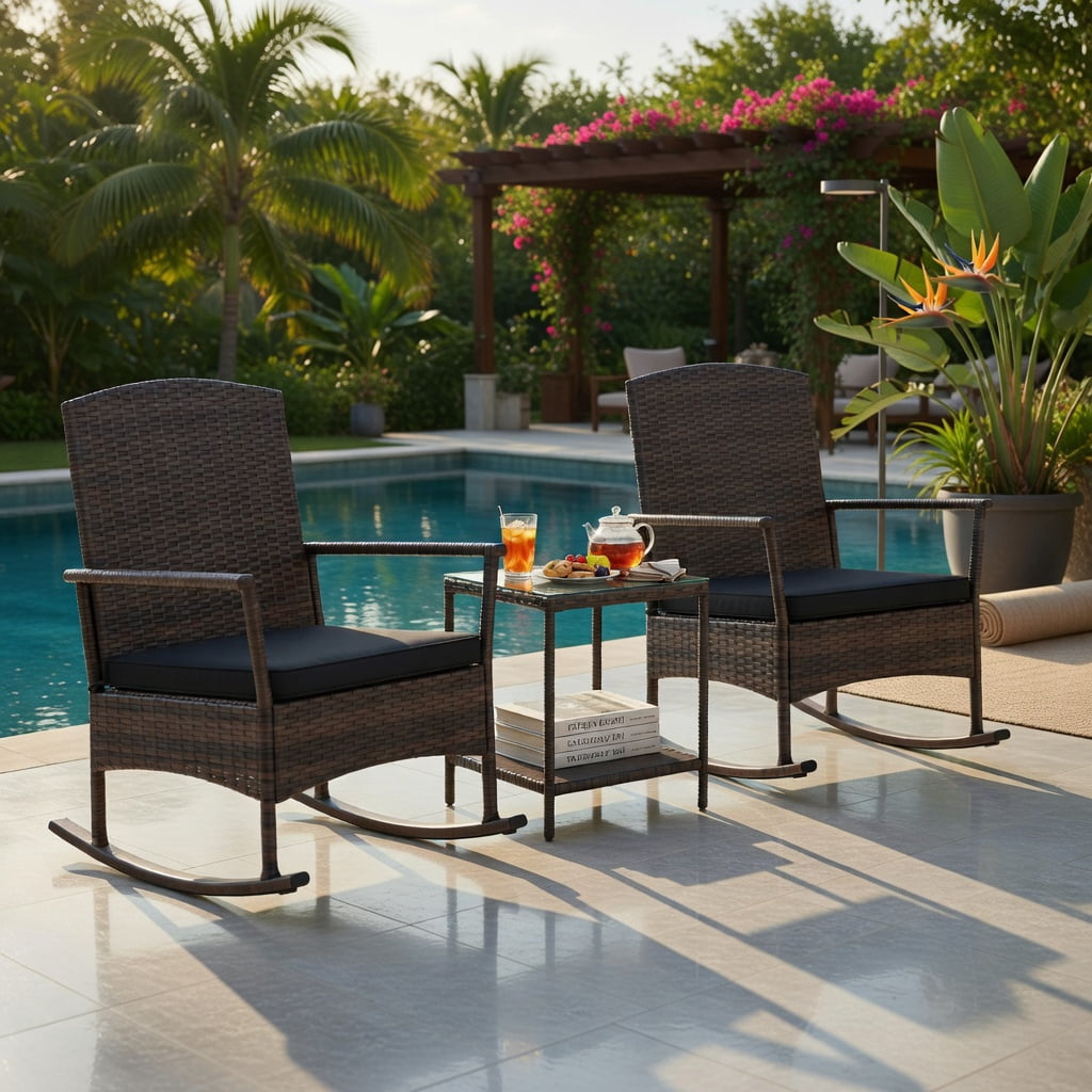 Hommoo 3-Piece Outdoor Rocking Bistro Set, PE Rattan Rocker Chairs + 2-Tier Tempered Glass Coffee Table, Black