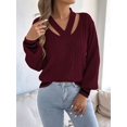 thumbnail image 6 of Women Vintage Knit V-Neck Hollow Contrast Stripe Lantern Long Sleeve Loose Knit Pullover Sweater Wine Red S, 6 of 10