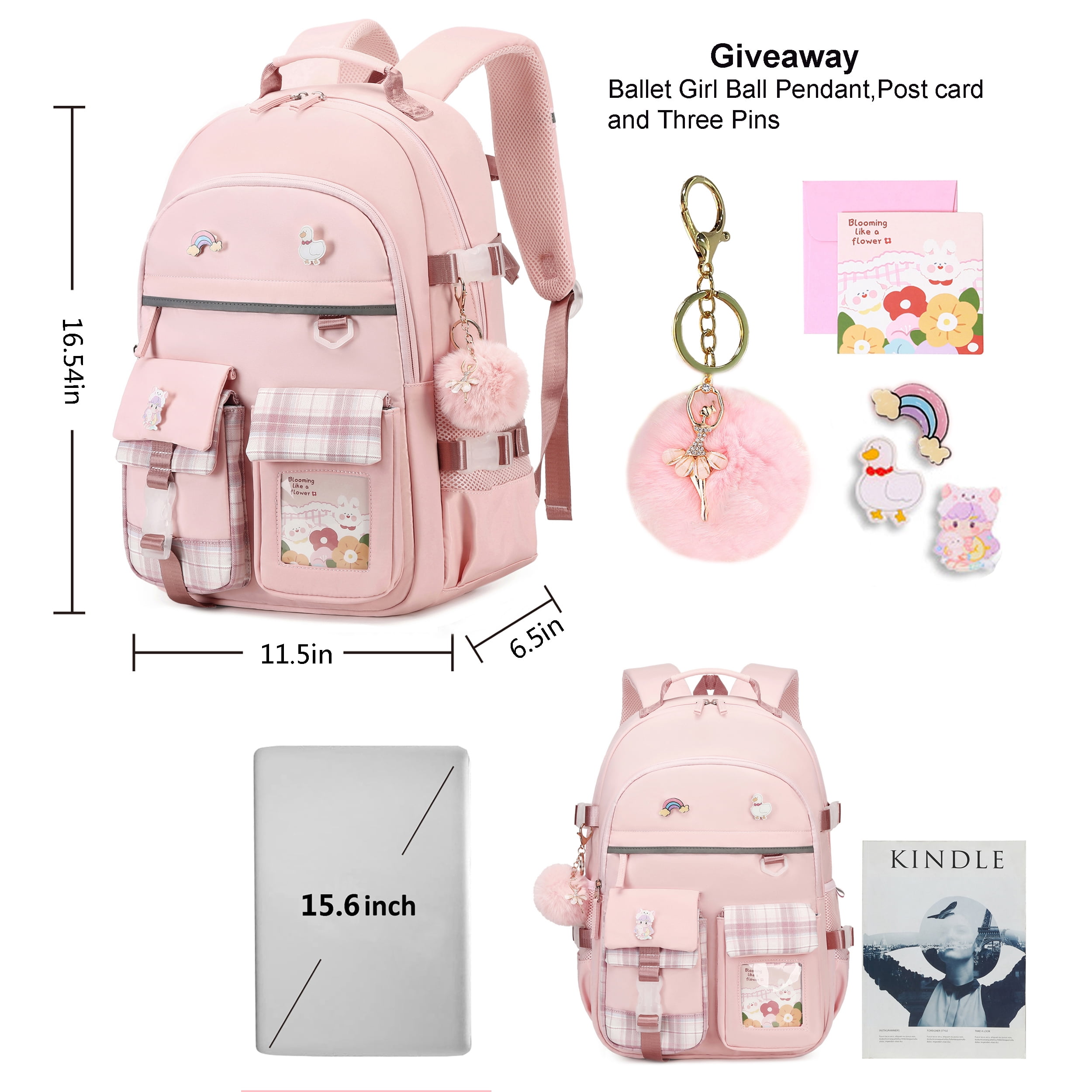 AO ALI VICTORY Backpack for Girls, 15.6 inch Laptop School Bag Kids Kindergarten Elementary Large Bookbags for Girls Women Students Casual Travel Daypacks (Pink)