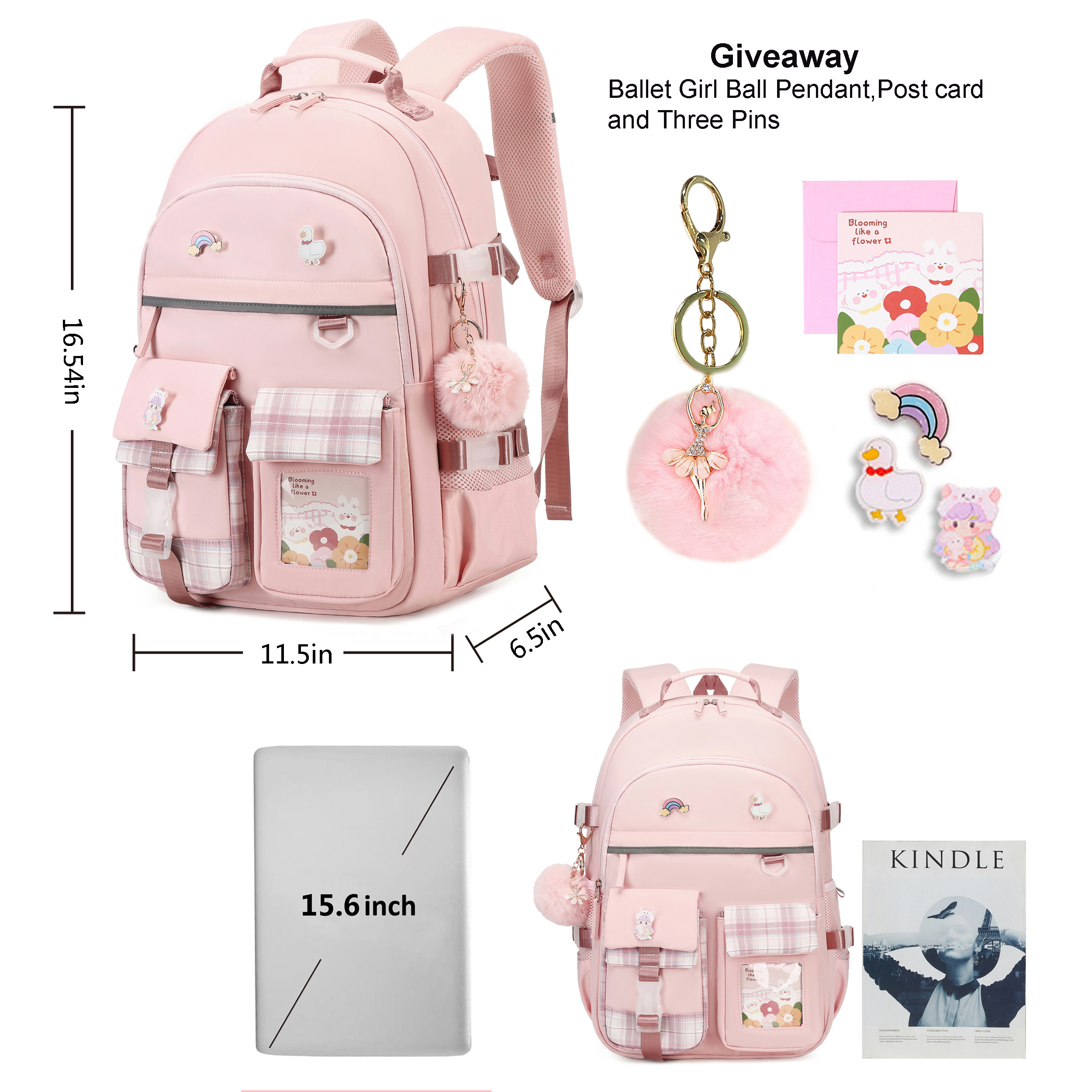 Mochila para niñas, para laptop de 15.6 pulgadas, para jardín de infantes y primaria, grande, para mujeres estudiantes, casual, para viajes (rosa) 4