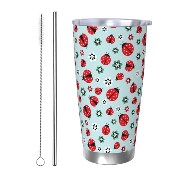 Logiee Ladybugs And Flowers 1 Print 20OZ Car Cup with Lid, Stainless Steel Vacuum Insulated Double Wall Travel Tumbler, Durable Insulated Coffee Mug,Thermal Cup with Straw-Straw Two-piece Set