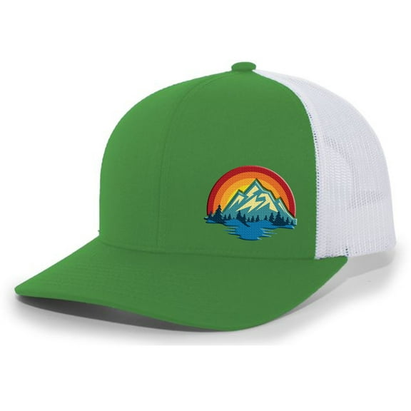 Men's Retro Colorful Scenic Mountain Outdoors Woodland Embroidered Mesh Back Trucker Hat, Kelly Green/White