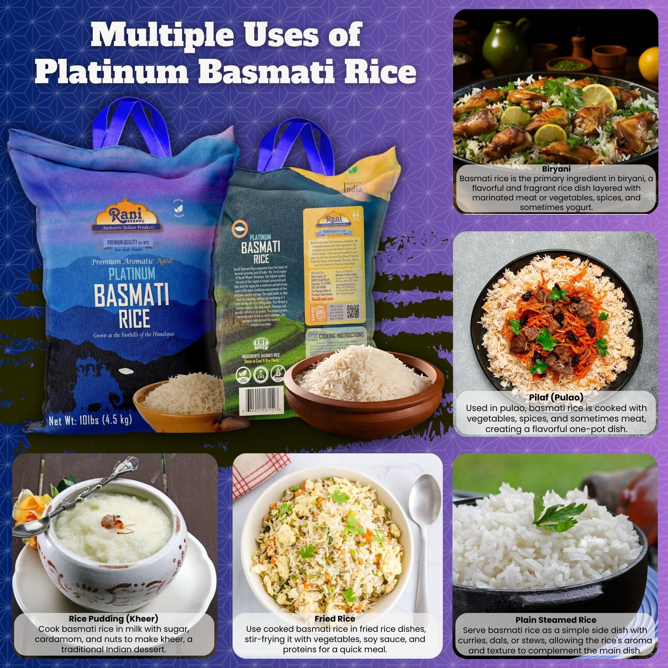 Rani Platinum White Basmati Rice Extra Long Aged 10-Pound Bag, 160oz (10lbs) 4.53kg ~ All Natural | Gluten Friendly | Vegan | Indian Origin | Kosher