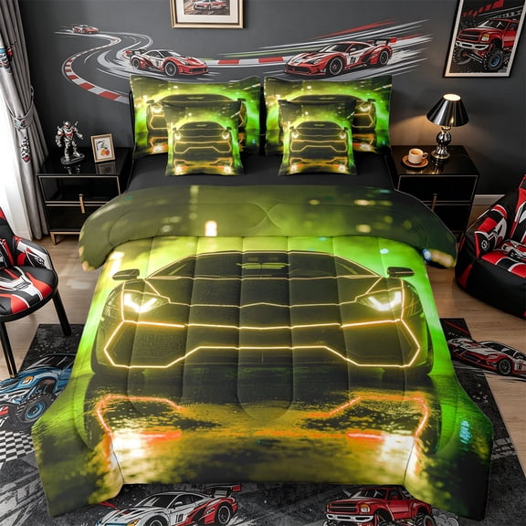 Castle Fairy Neon Sports Car Twin Bedding Sets 7-Piece for Boys, Yellow City Glow Bedding Comforter Set for Bedroom, Yellow Black,Black Reversible