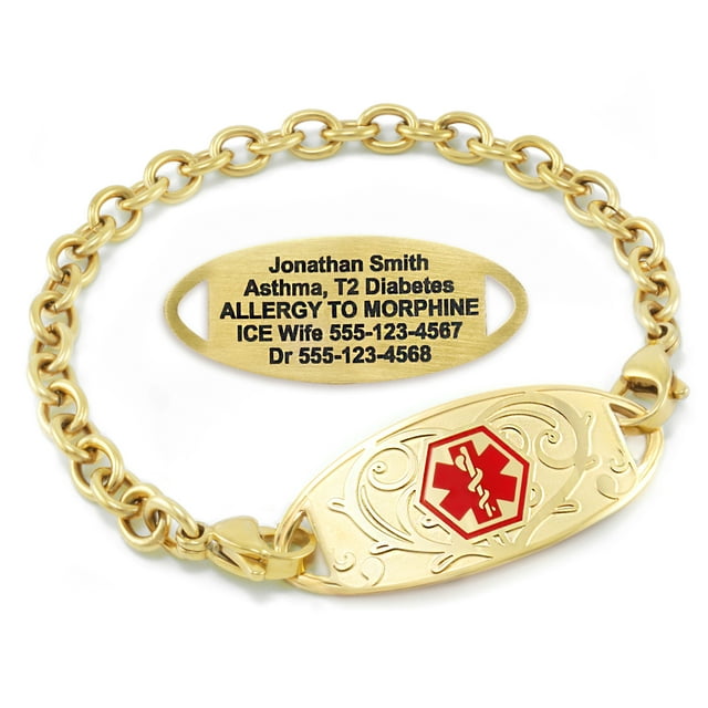 MedicEngraved Yellow Gold Stainless Steel Custom Medical Alert Bracelet - 5mm Oval Link