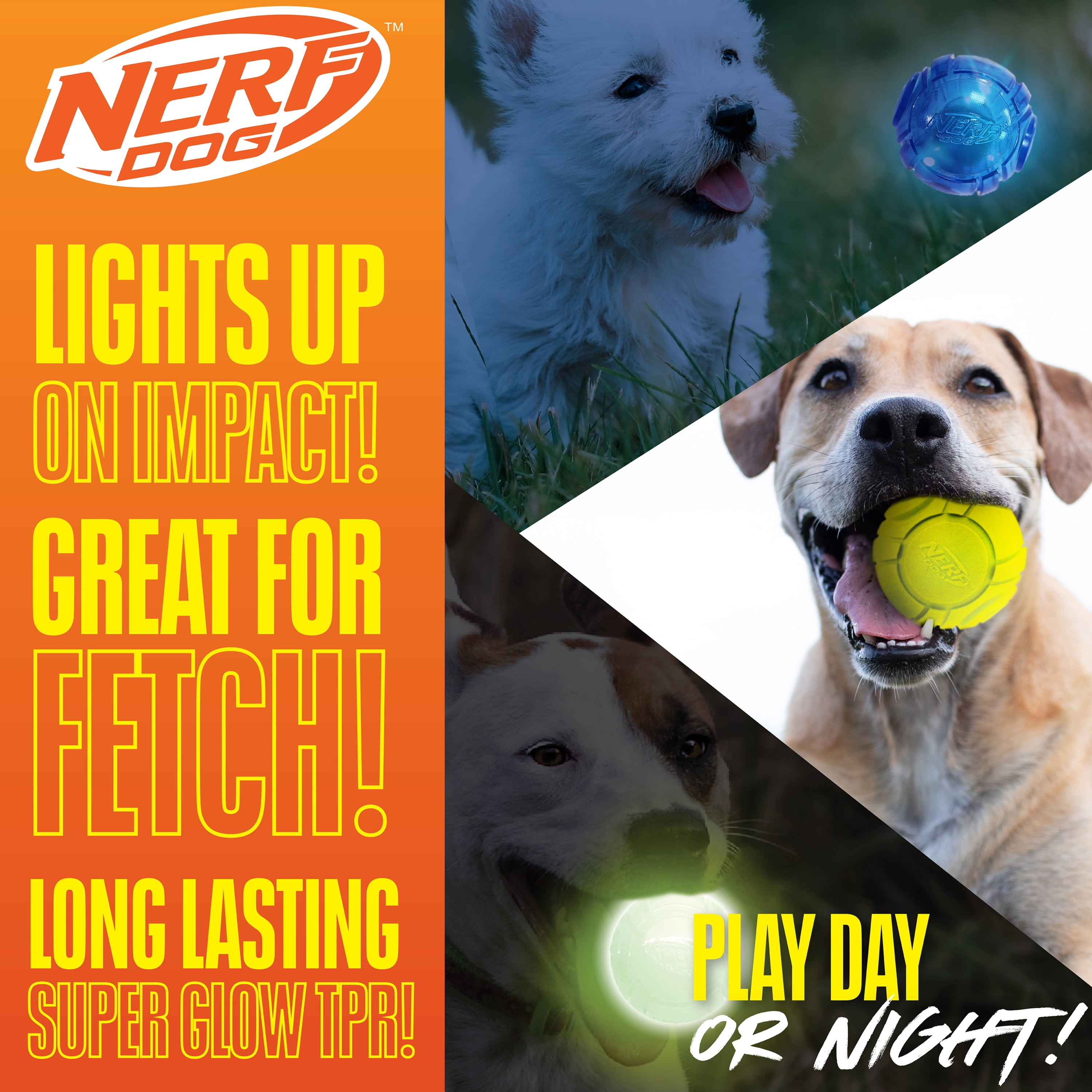 Nerf Dog Launcher Ball 3-Pack with 1 Solid Tuff, 1 Glow Ball & 1 LED Ball, 2.5 inch