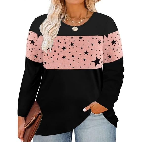 TIYOMI Plus Size Womens 5X Tops Star Long Sleeve Crewneck Color Block Oversized Tees Black Loose Fit Shirts Early Spring Fall Winter Tunic 5XL 26W 28W