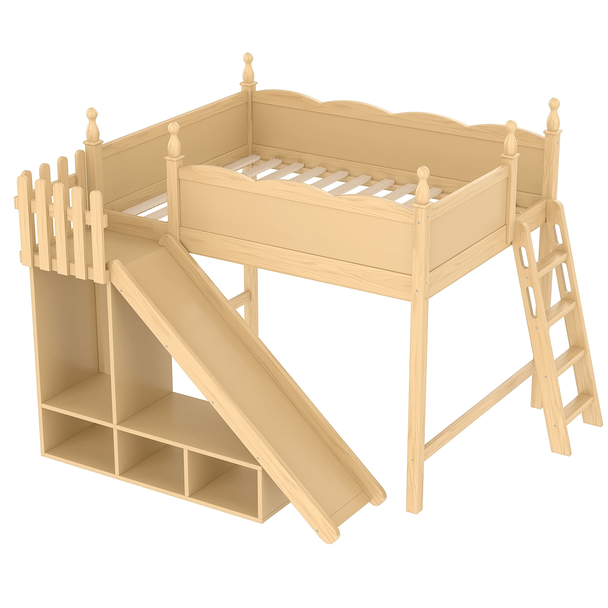 Leumius Full Loft Bed Frame with Storage Shelves and Wardrobe, Solid Wood Loft Bed with Detachable Slide and Ladders for Kids Teens Adults Natural