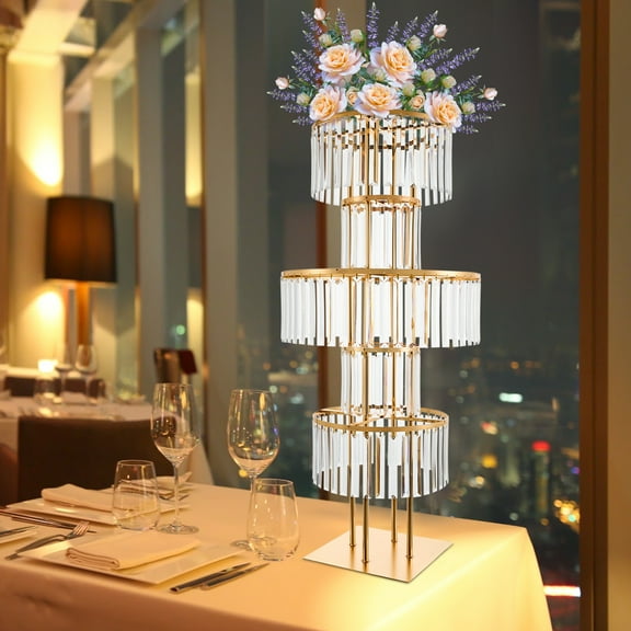 5 Tier Crystal Flower Stand Wedding Centerpieces Crystals Vases with Hanging Crystals, Beautiful Round Chandelier Pedestal Stand Free Standing for Wedding Birthday Party (Gold)