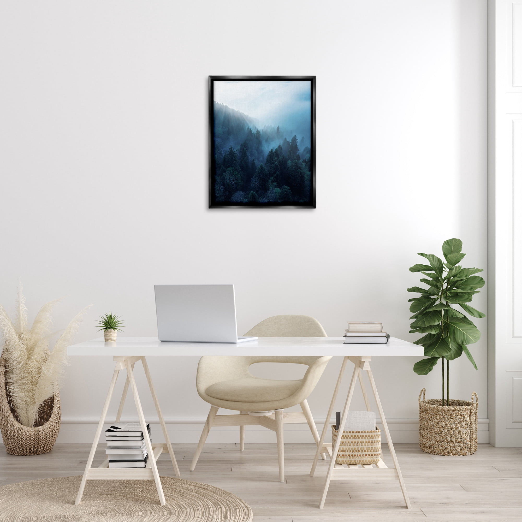 Stupell Industries Daylight over Pine Forest Mountain with Fog Jet Black Framed Floating Canvas Wall Art, 24x30, by Unsplash