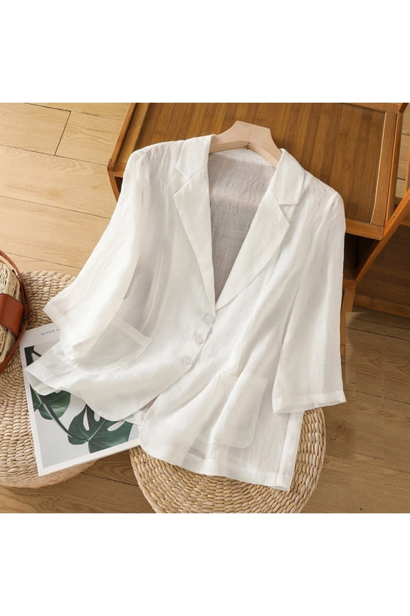 Women's Solid Linen-Look Blazer Lapel Pocket Cardigan Jacket- Lightweight Open-Front Coat for Casual Layering and Smart Style