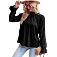 thumbnail image 5 of Women's Black Frilled Mock Neck Ripple Bubble Sleeve Blouse, 5 of 5