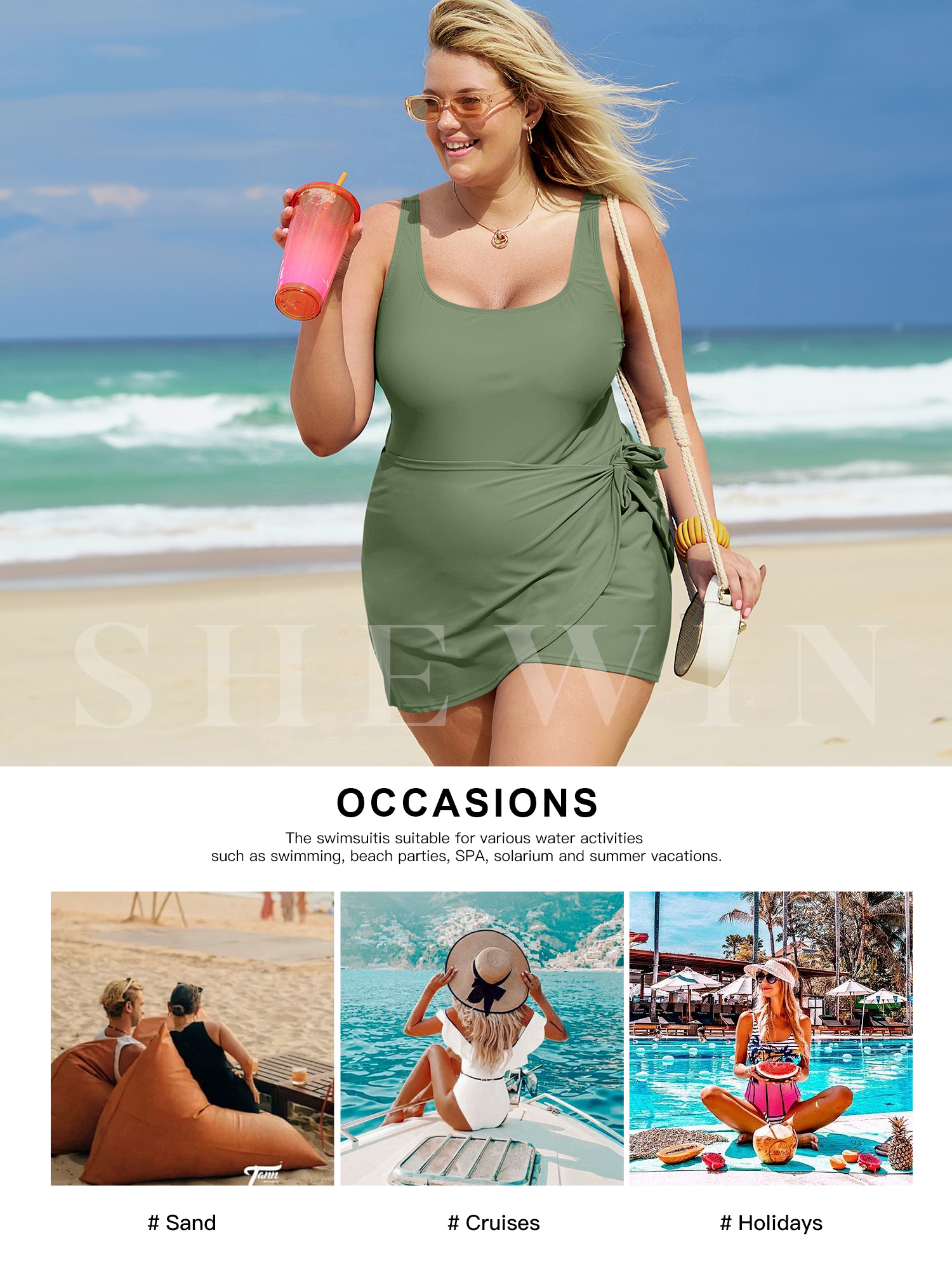 SHEWIN Womens Plus One-piece Swimsuits Padded Swim Dress Side Knot One Piece Bathing Suit with Skirt Summer Swimwear