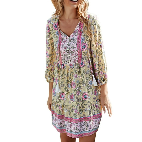 TTUHYWXI Womens V Neck Bohemian Floral Midi Dress Button-Down Front Detachable Belt Casual Flowy Vacation Summer Dresses (White, L)