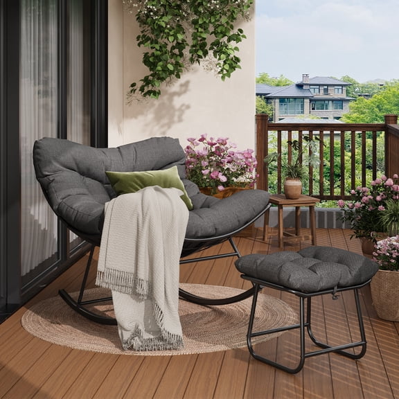 Papasan Rocking Chair with Footrest, Lounge Chair with Ottoman and Sturdy Metal Frame, Patio Rattan Egg Rocker for Balcony Bedroom, Gray