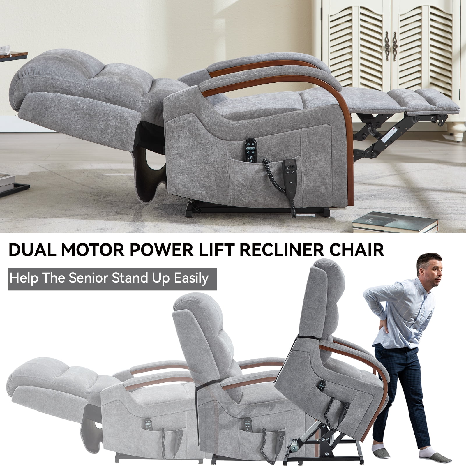 Gewnee Power Lift Recliner Chair with Heat and Massage,Lay Flat Assist Recliner with Side Pocket & Solid Wood Armrest,Lift Chair for Living Room.Gray Chenille