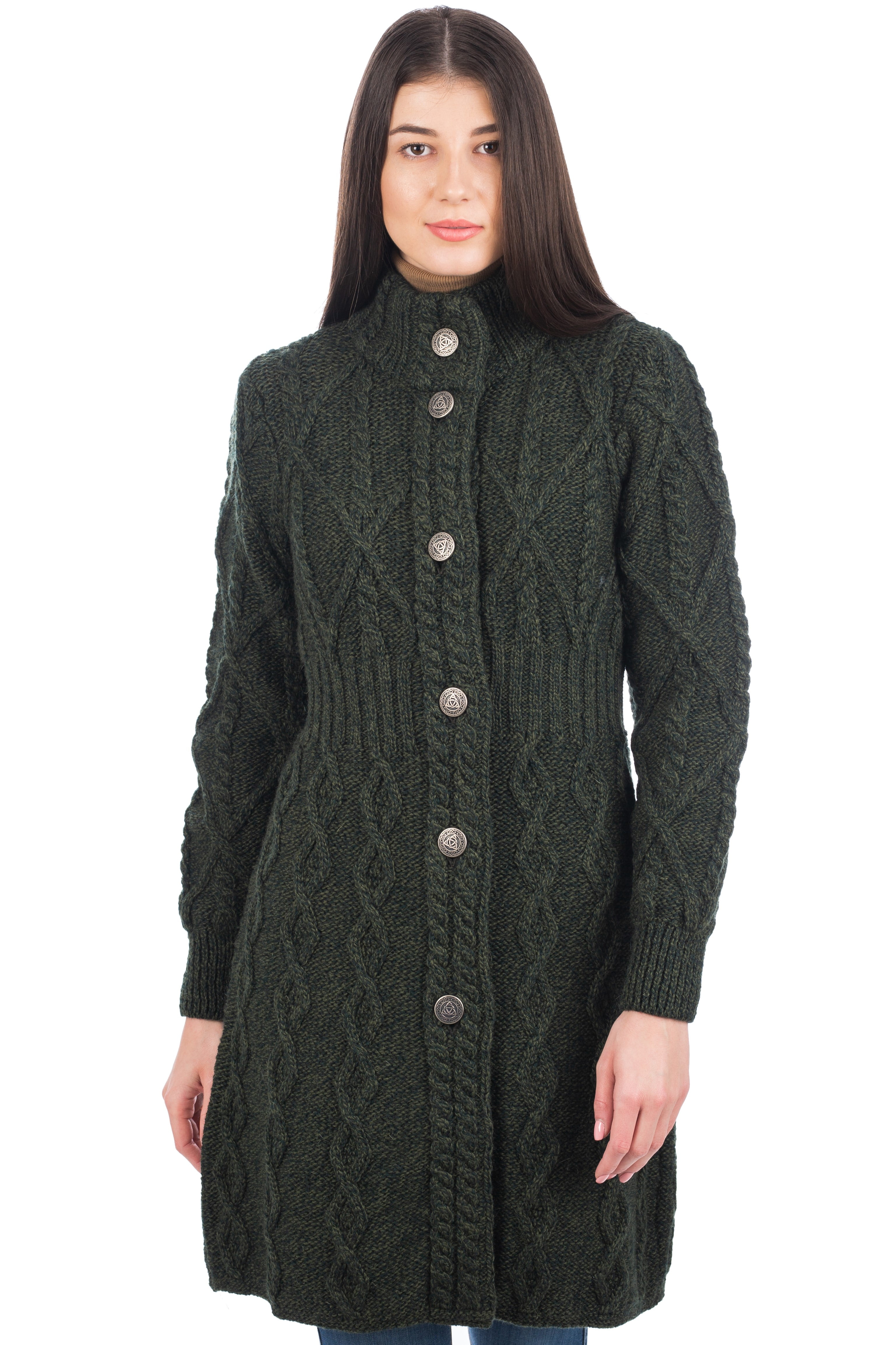 SAOL 100% Merino Wool Irish Cardigan Women's Aran Long Outdoor Cable ...
