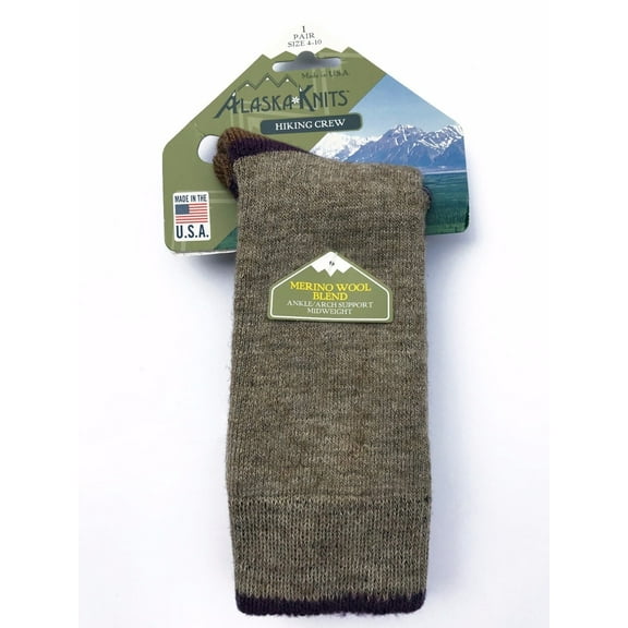 ALASKA KNITS™ MERINO WOOL LADIES' HIKING CREW SOCKS KHKAI 9-11 MADE IN USA