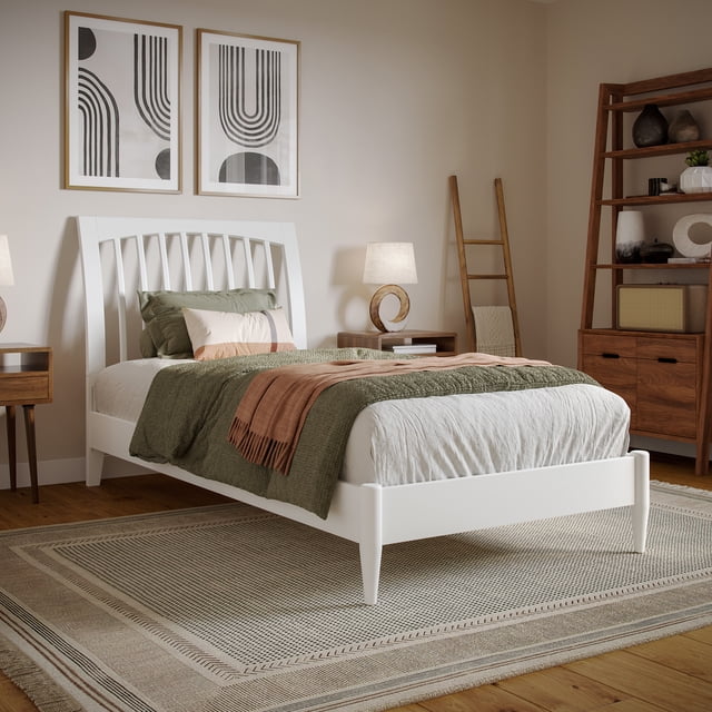 AFI Orleans Lit Plateforme Bas en Bois Massif Simple TG Style Traîneau Blanc