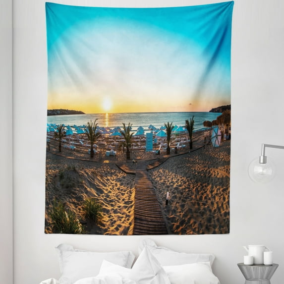 Beach Pathway Tapestry, Sun at the Horizon Wooden Boardwalk over Sand Dunes to Wild Beach, Fabric Wall Hanging Decor for Bedroom Living Room Dorm, 5 Sizes, Pale Blue Yellow Brown, by Ambesonne