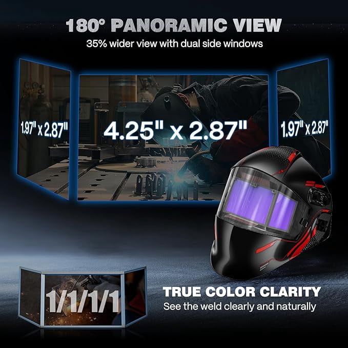 ARCCAPTAIN Auto Darkening Welding Helmet with Side Lenses, 180° Panoramic View, True Color 1/1/1/1, 4 Arc Sensors, Solar + Battery, Wide Shade 3/4-8/9-13, Red