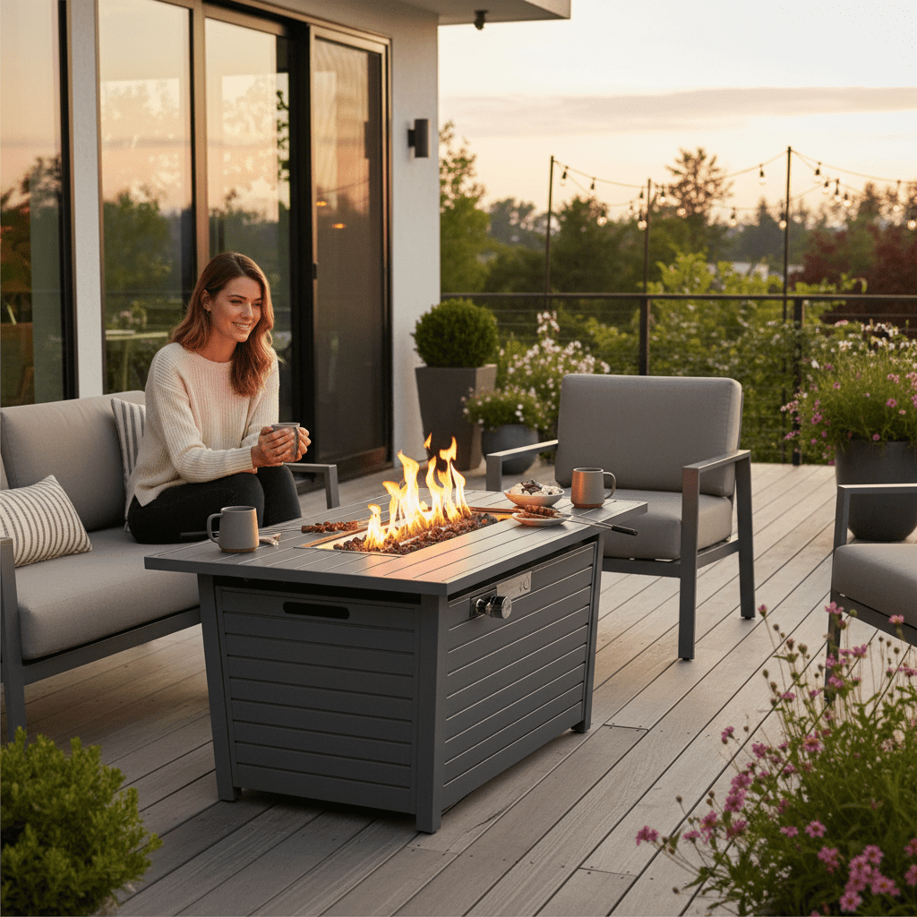 25'' H x 42'' W Steel Propane Outdoor Fire Pit Table with Lid